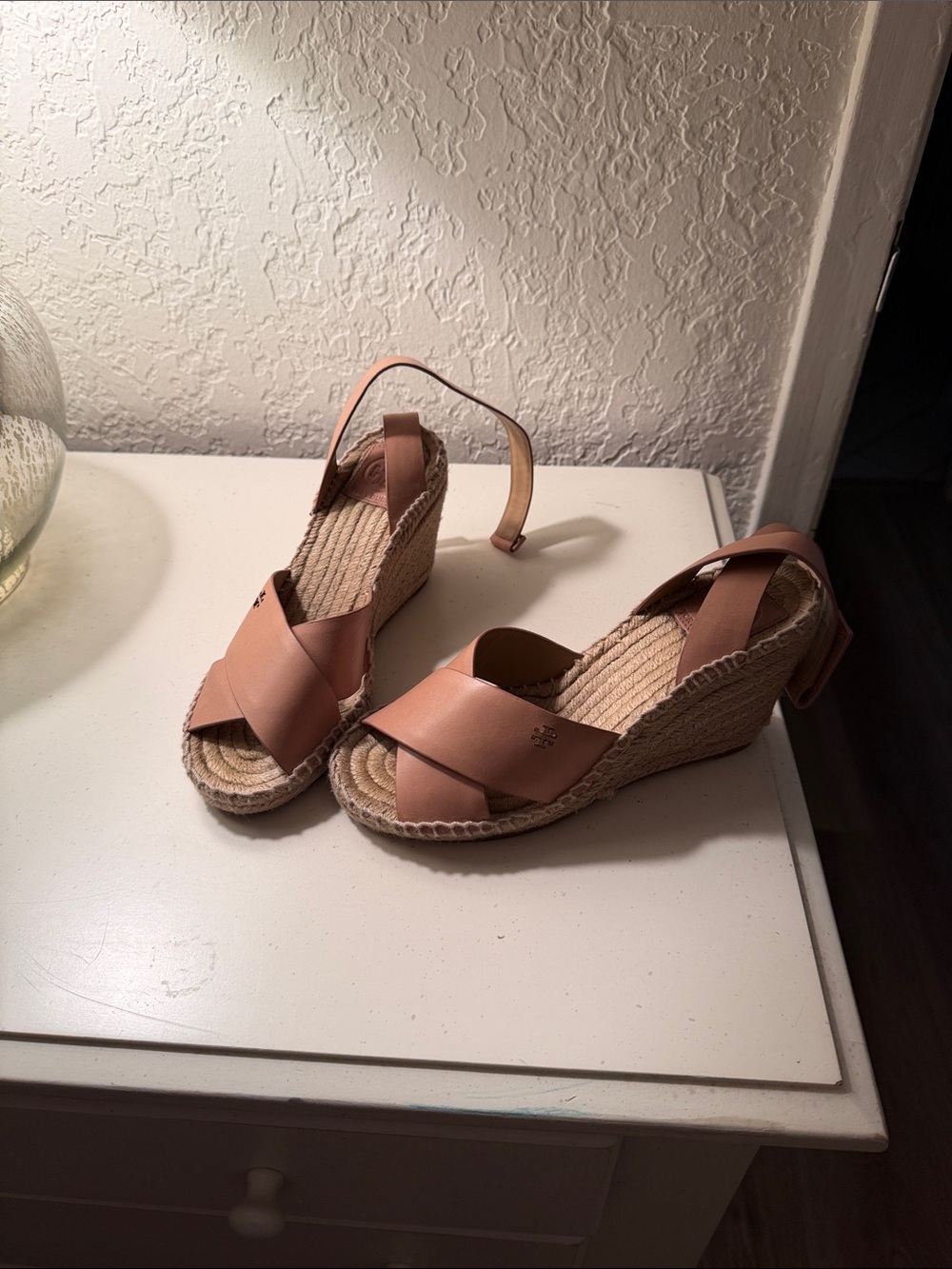 Tory Burch Blush Leather Espadrille Wedge Sandals